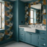 Meridian Block Wallpaper with a geometric pattern in shades of blue, brown, and gray.
