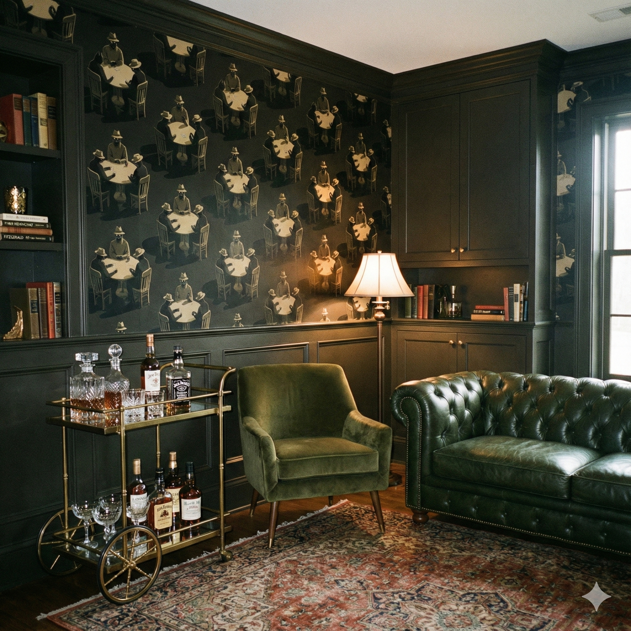 Midnight Syndicate wallpaper with a repeating pattern of figures around tables, covering the walls in a dimly lit room.