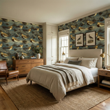 Tidepool Scatter Wallpaper with bird pattern, in a bedroom with neutral colored bed and rug.
