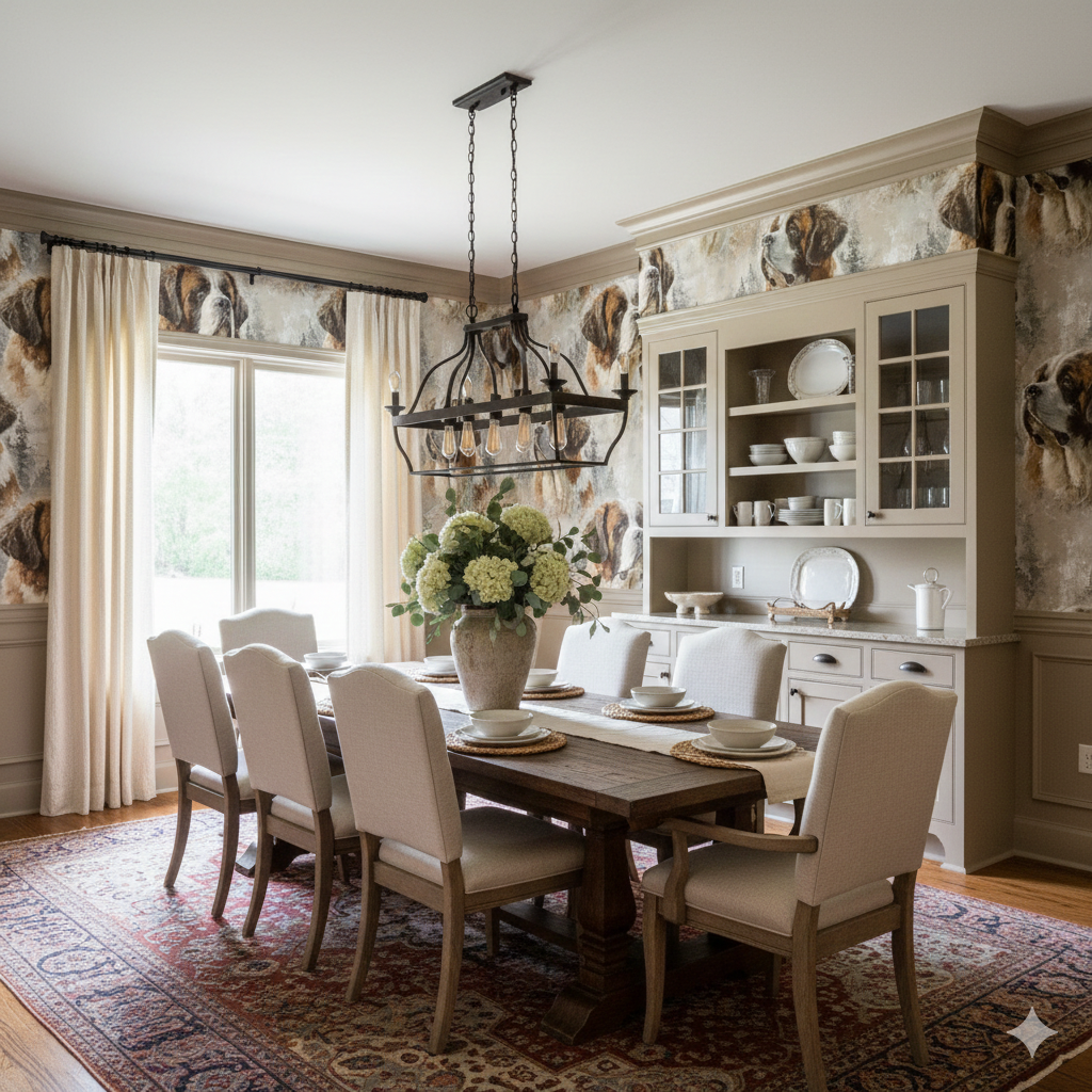 Saint Brumaire wallpaper with dog motif from Brewster Wallcovering, adorning dining room above wainscoting.