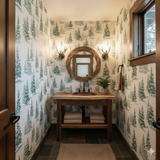 Frostpine Ridge wallpaper with tree pattern over a white background.
