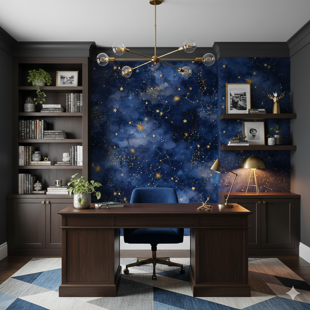 Celestial atlas wallpaper with blue and gold constellation patterns, completing the sophisticated and celestial room decor.
