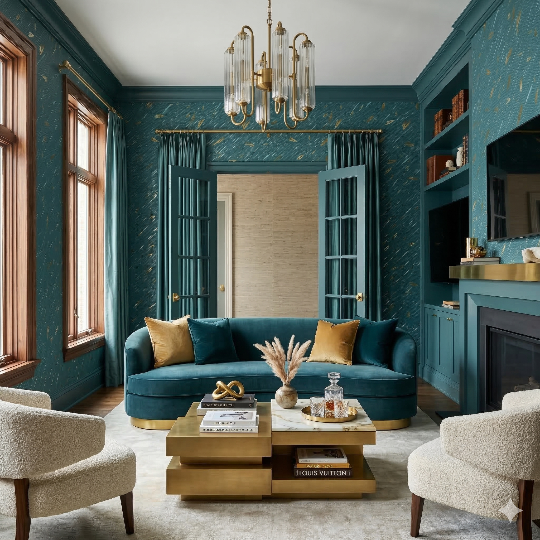 Teal wallpaper with gold accents, with a geometric pattern, and a textured finish.