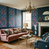 Blue damask wallpaper with a floral motif, alternating with vertical blue stripes, on the walls.