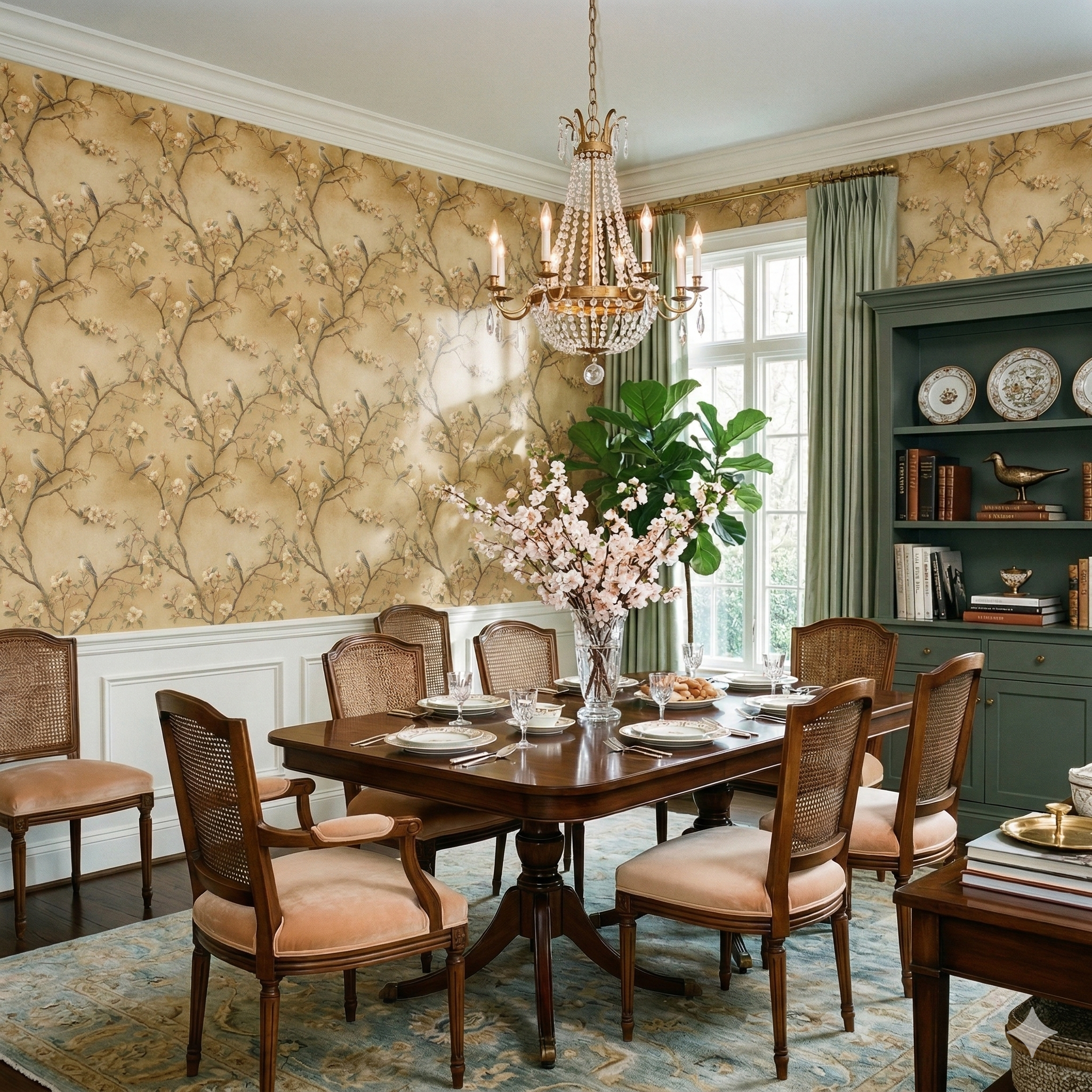 Golden Aviary Wallpaper featuring bird and branch patterns, creating a warm and inviting atmosphere.