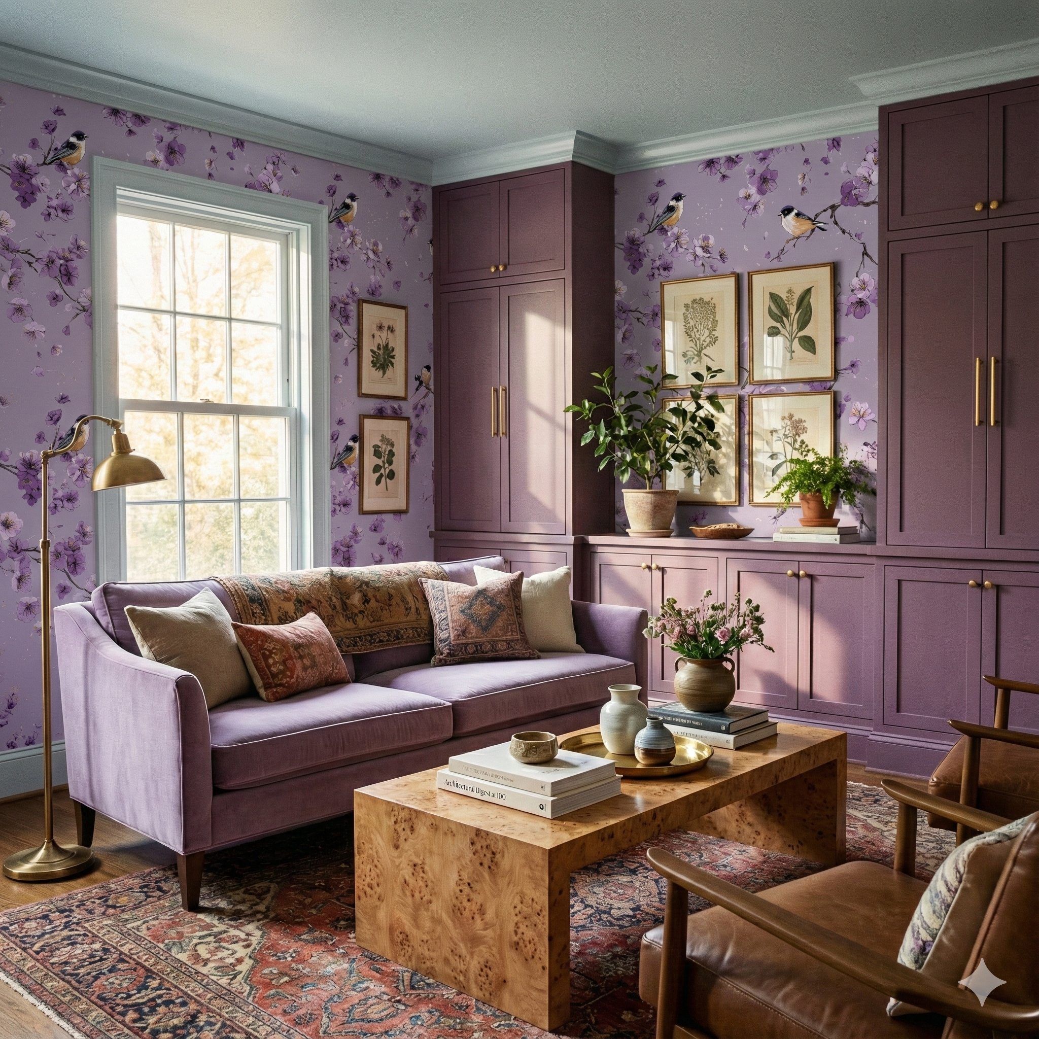 Floral wallpaper in violet by York Wallcoverings featuring a bird and blossom pattern on the walls of a living room.
