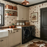 Dry Wash Botanica wallpaper with floral and cactus pattern, in a laundry room.
