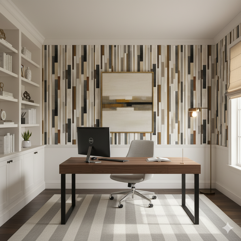 Neutral colored Sable District Wallpaper with vertical stripe pattern against a white accent wall.