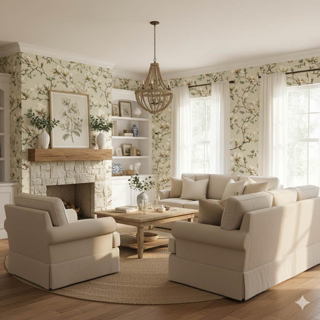 Floral magnolia murmurs wallpaper with a natural pattern featuring white blossoms against an off-white background.
