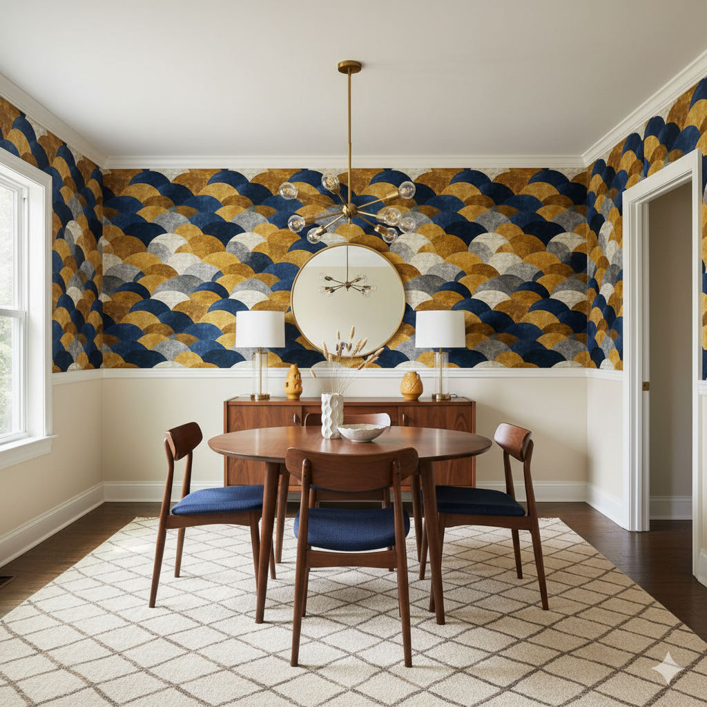 Blue and gold arch wallpaper with scalloped pattern on the upper walls, above a cream-colored lower wall.