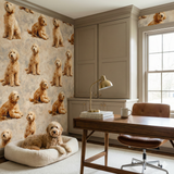 Honeypaw Study Wallpaper with dog pattern, complementing a room with a wooden desk and a dog bed.
