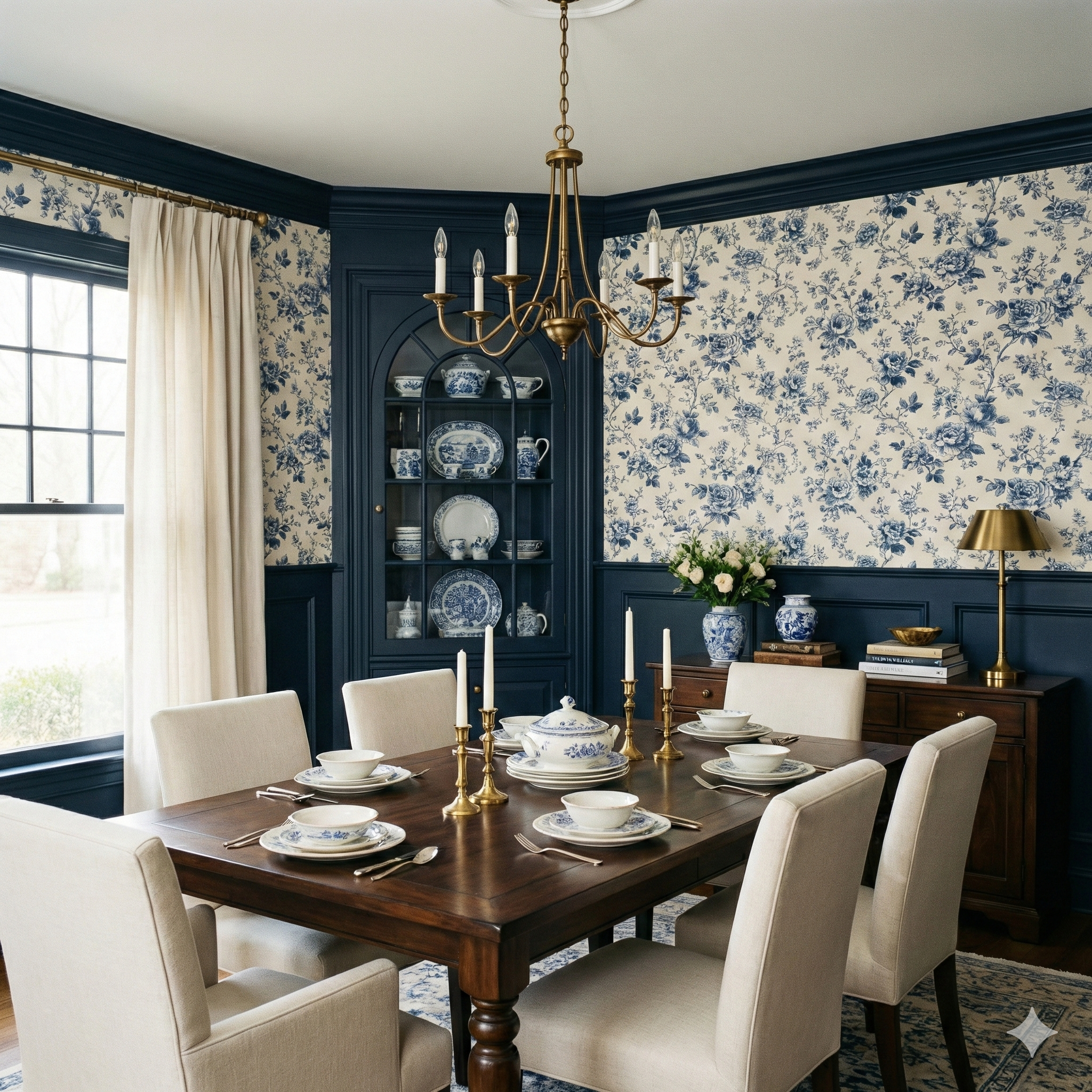 Floral Hartford Sketch Wallpaper with blue botanical pattern on off-white background.
