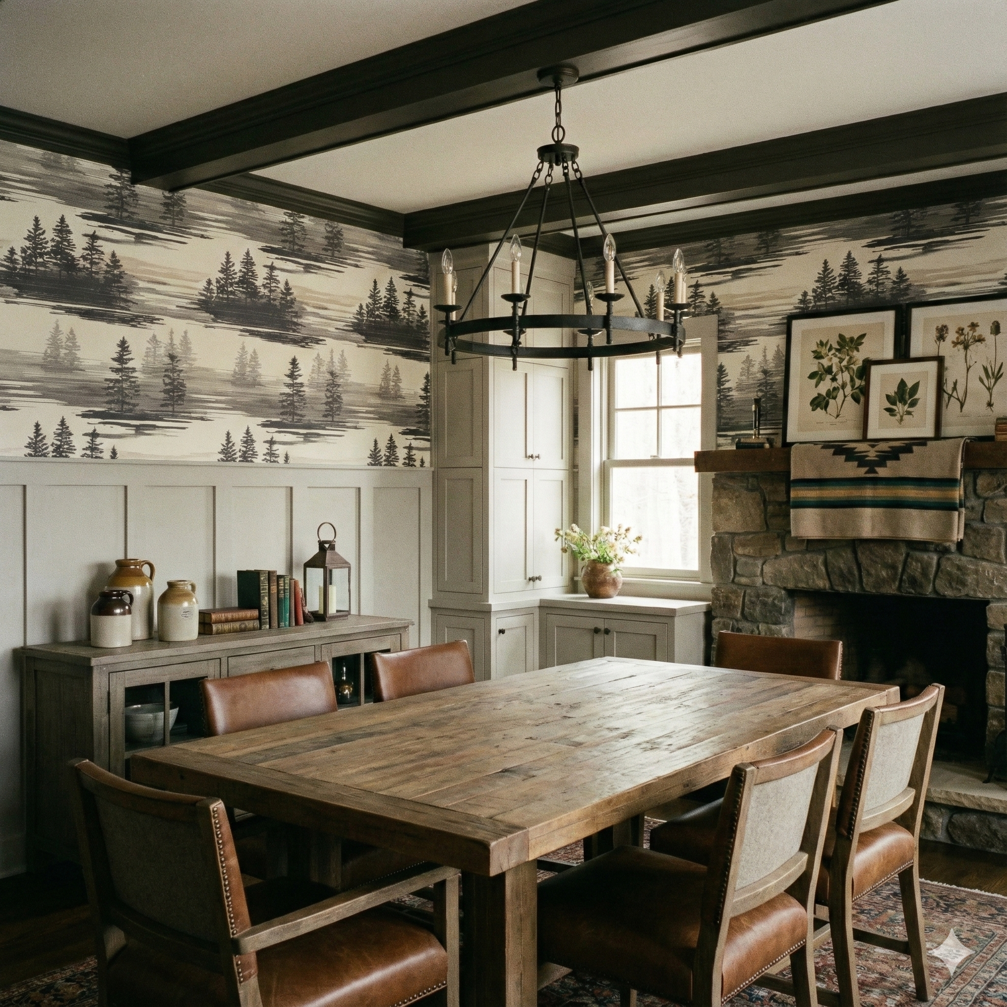 Misted Pines Inlet Wallpaper with a forest landscape pattern behind a wood dining table.
