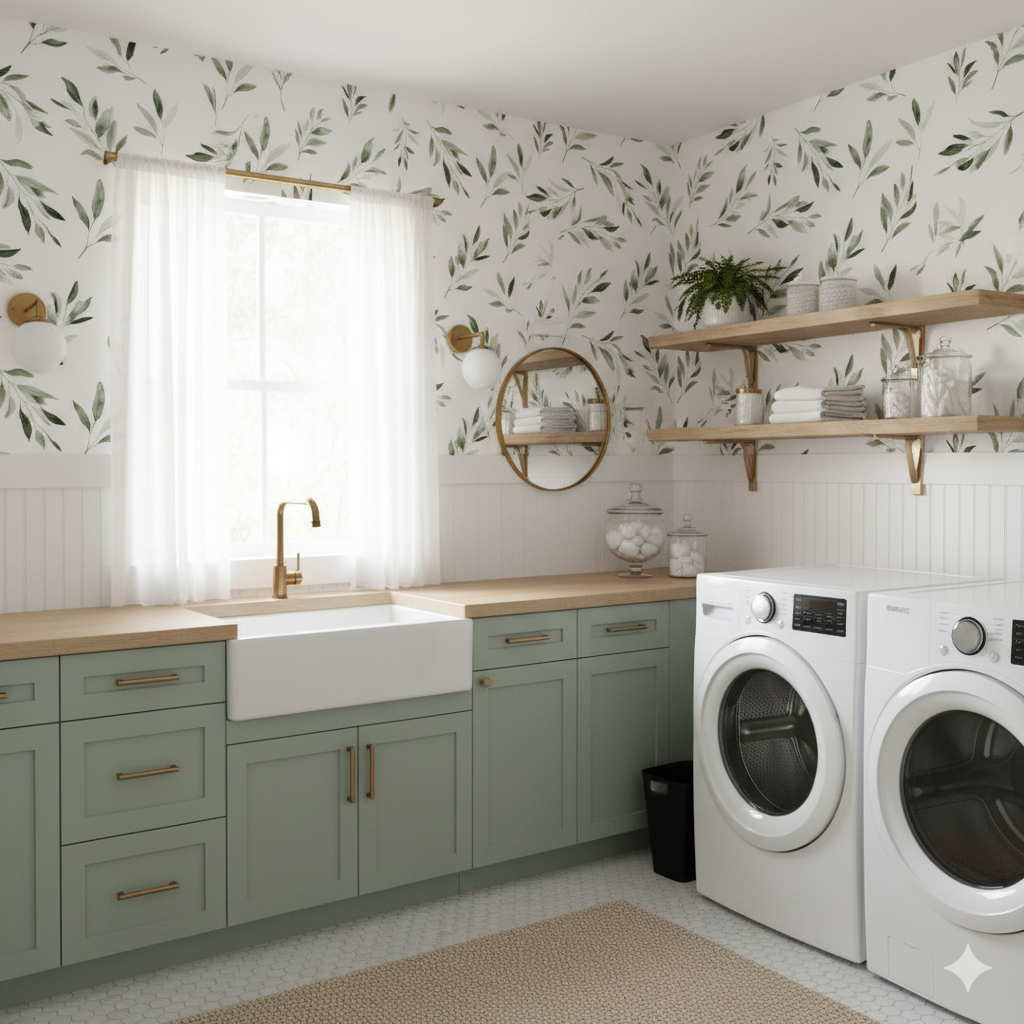 Green leaf patterned wallpaper with white and gold accents in a laundry room.