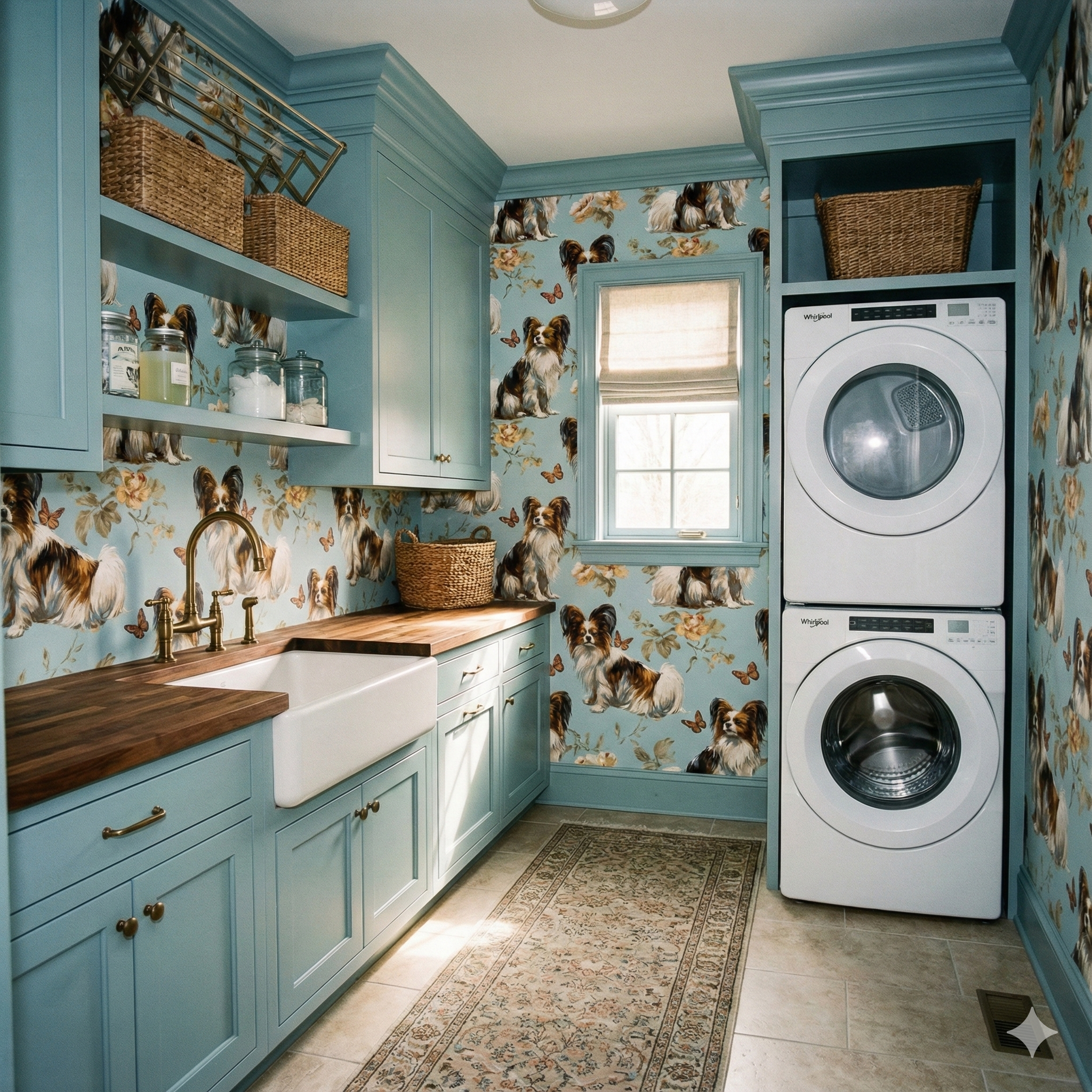 Dog-themed wallpaper with butterfly accents, featuring a light blue background and whimsical pattern.
