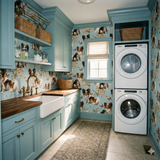 Dog-themed wallpaper with butterfly accents, featuring a light blue background and whimsical pattern.
