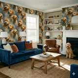 Maple Collar Wallpaper with a dog pattern background covering the walls of the living room.