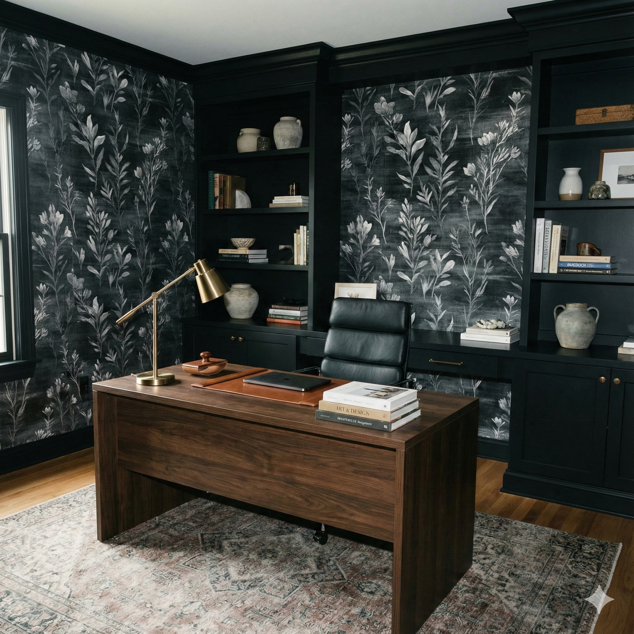 Botanique wallpaper in black and white floral pattern, Havenshade Botanique Wallpaper, covering the walls in a home office.
