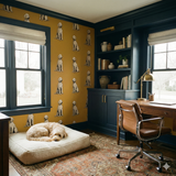 Sunroom Sitters Wallpaper with dog print, mustard yellow background and beige tones.