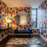 Polychrome pop wallpaper with colorful circles pattern, covering walls with geometric rug and furniture.