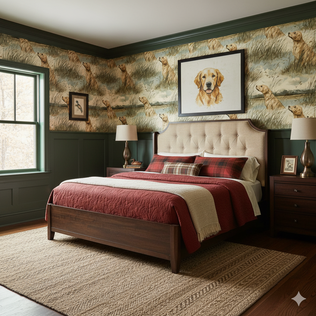 Marshlight wallpaper with dog and marsh illustration from Seabrook Wallcoverings, displayed in a bedroom setting.