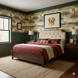 Marshlight wallpaper with dog and marsh illustration from Seabrook Wallcoverings, displayed in a bedroom setting.