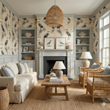 Cypress Watch wallpaper with a heron pattern, displayed in a styled coastal living room.