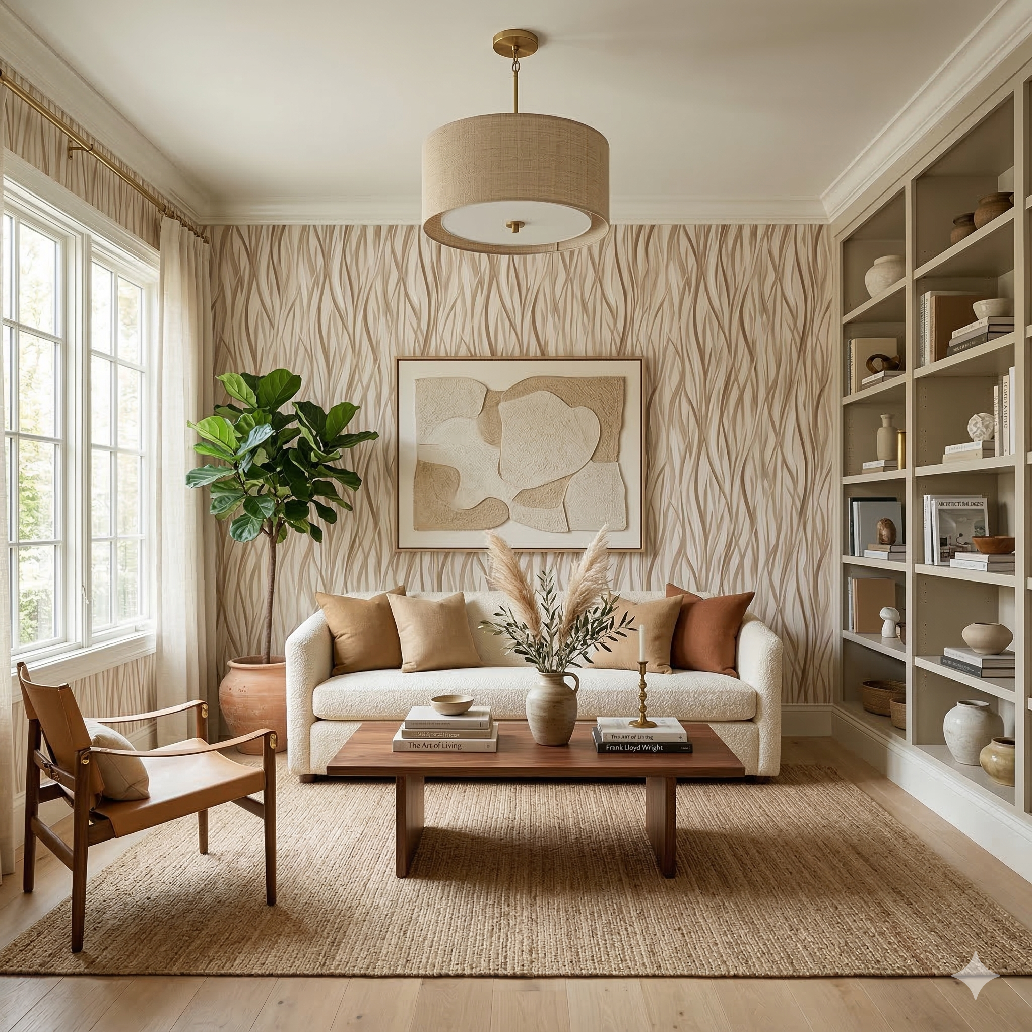Woven wallpaper with dune pattern, abstract textured design in neutral colors.