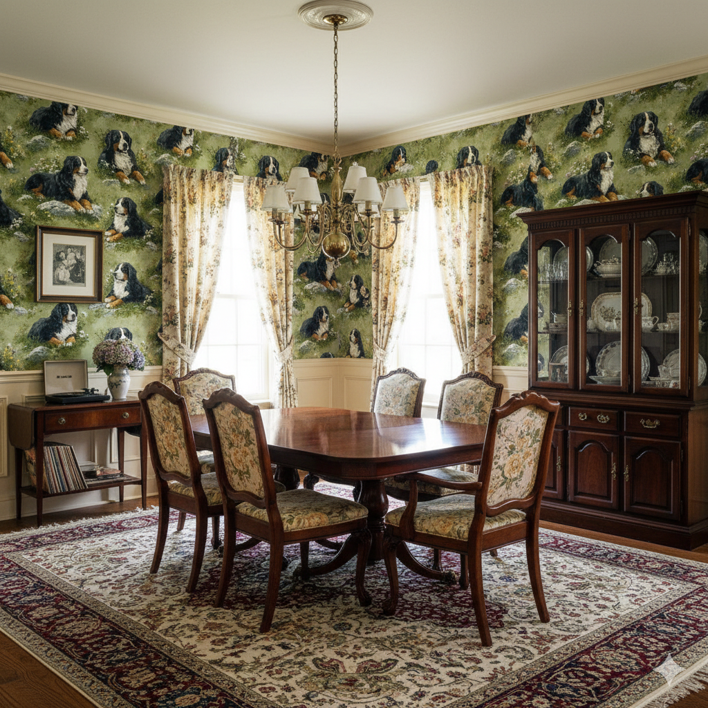 Patterned Edelweiss Hollow Wallpaper with dog motifs and floral curtains, inside a dining room with brown wooden furniture.

