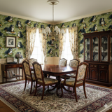 Patterned Edelweiss Hollow Wallpaper with dog motifs and floral curtains, inside a dining room with brown wooden furniture.
