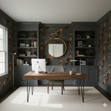 Patterned Embercoat Wallpaper with dog imagery, on an accent wall in a home office.
