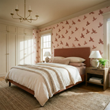 Desert Doves Wallpaper, with dove pattern, over walls in bedroom setting.