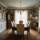 Dog-themed wallpaper with neutral tones, featuring dog silhouettes across the surface and adding a playful touch to the room.

