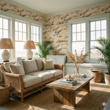 Marshwalk Wallpaper with sandhill crane pattern on a wall, in a coastal-themed living room.