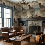 Patterned Stillwater Sentinel wallpaper with dog and marshland design, featuring brown leather armchairs and a stone fireplace.
