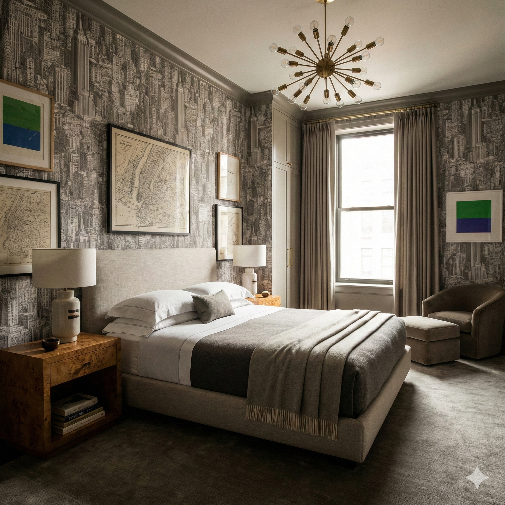 Manhasset Cartography wallpaper with black and white city map pattern covering the wall.
