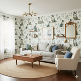 Patterned wallpaper with blue and white Aussies design, featuring floral accents.
