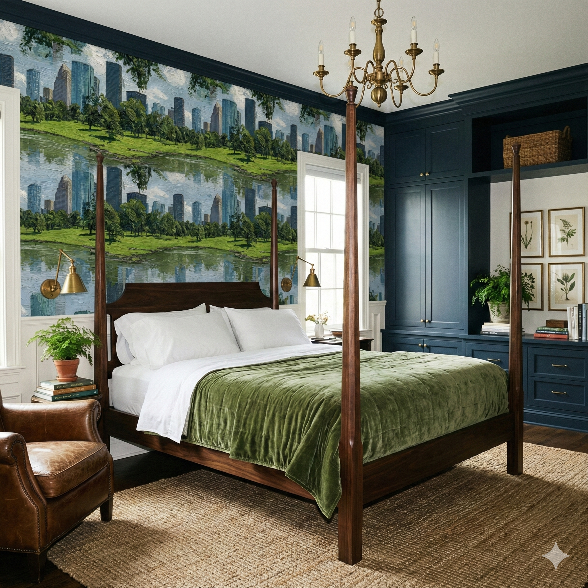 Scenic Bayou Glassline Wallpaper with a mirrored cityscape by Bayou Glassline, reflected in the water, adorning a stylish bedroom.