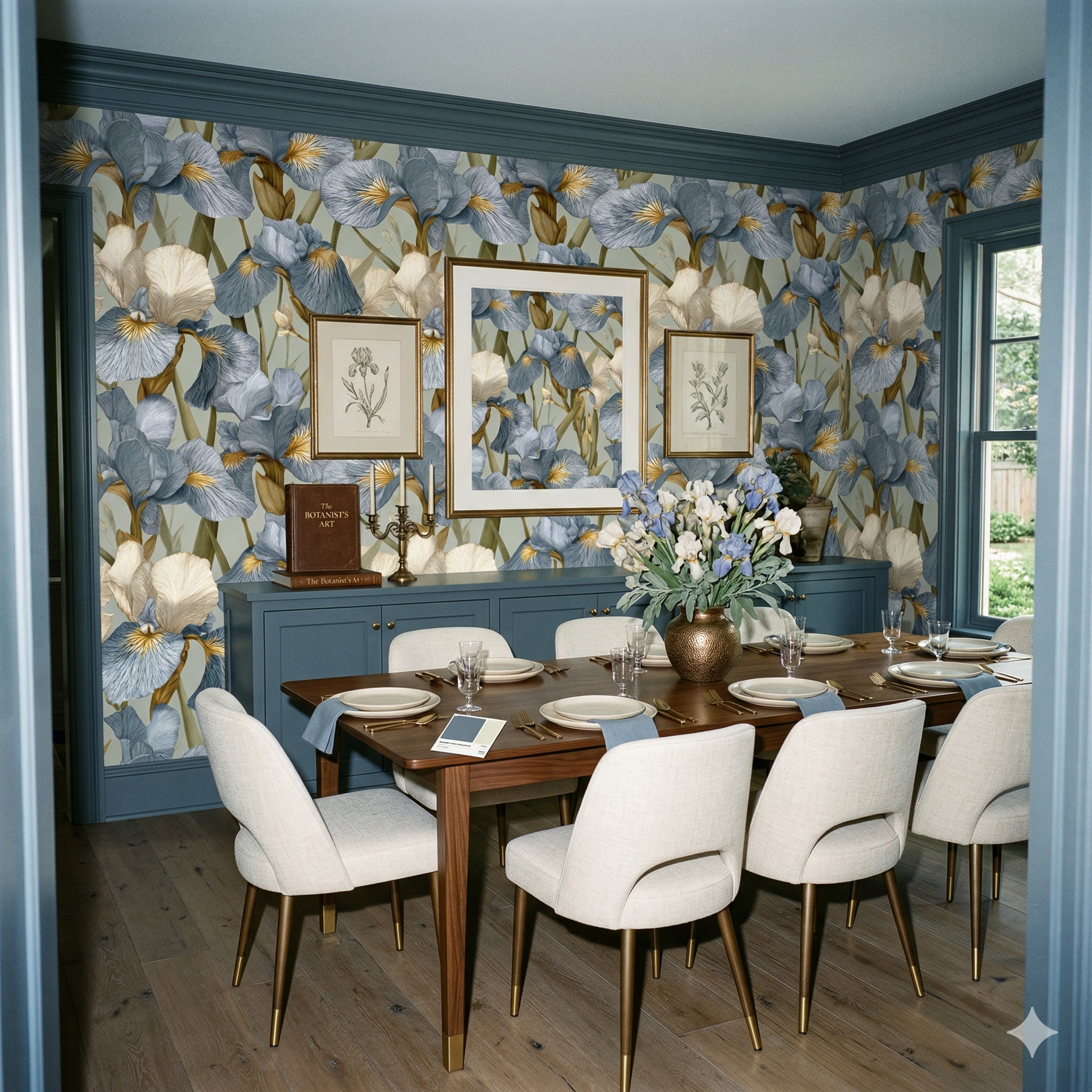 Floral column wallpaper with blue iris pattern on green background, filling the entire dining room wall.