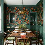 Setter's Grove wallpaper with golden dogs and jungle foliage, a luxurious, dark green backdrop.