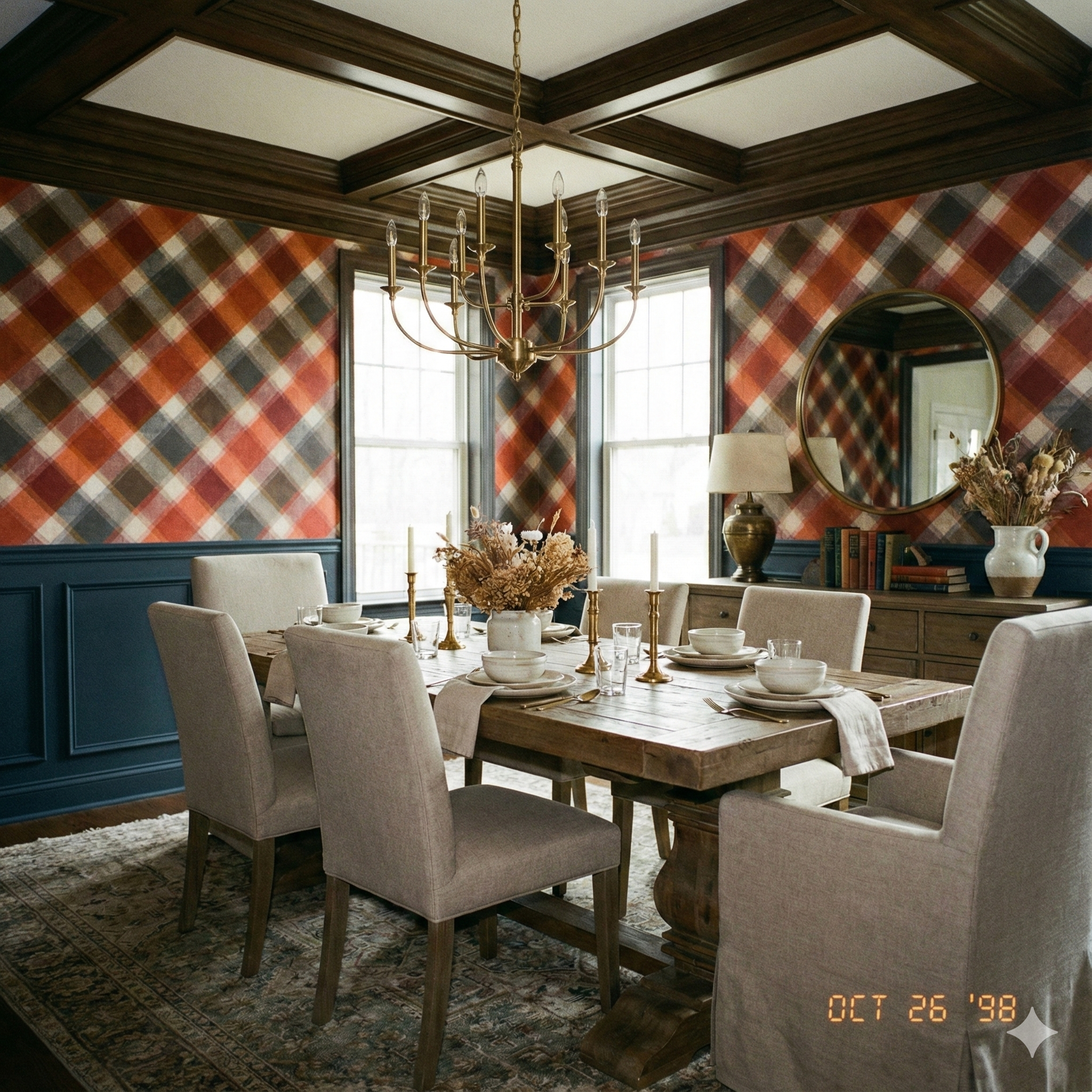 Emberline Homestead Wallpaper, plaid pattern in orange, brown, and gray.
