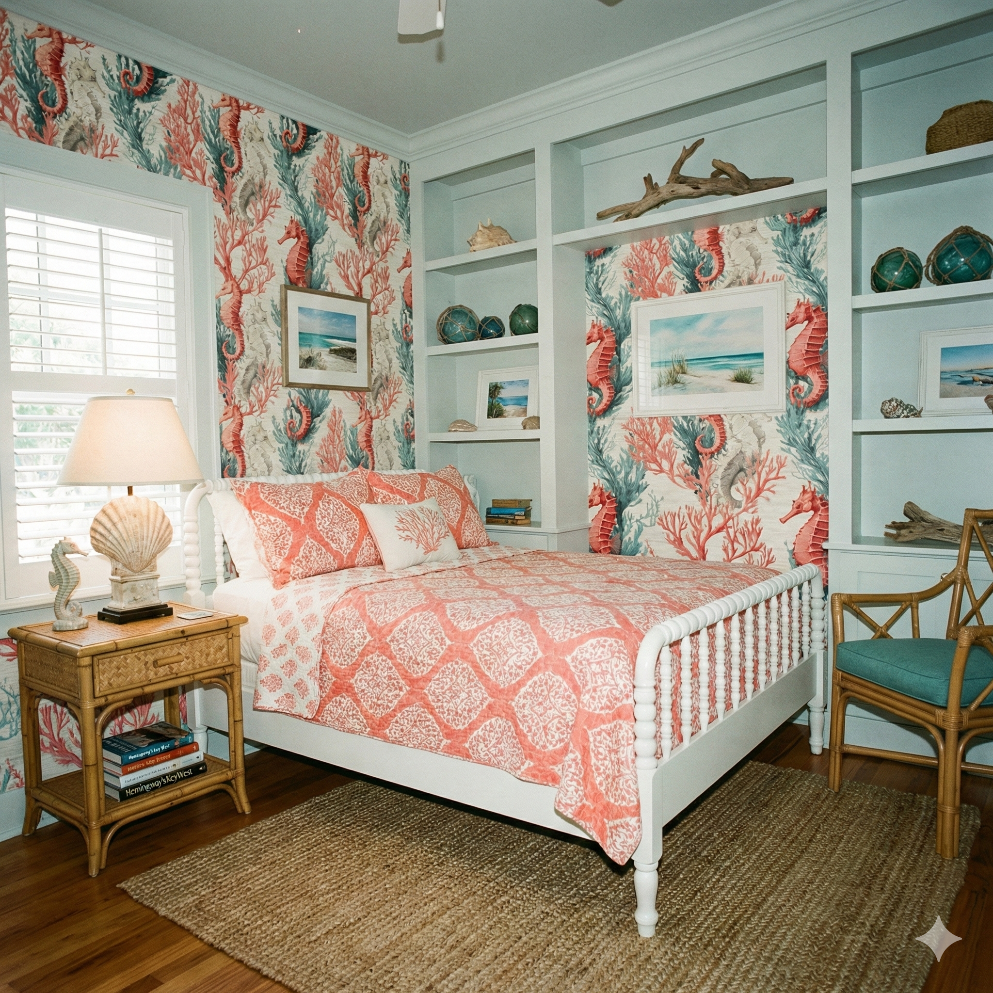 Coralbound Wallpaper featuring a sea life pattern with seahorses and coral.
