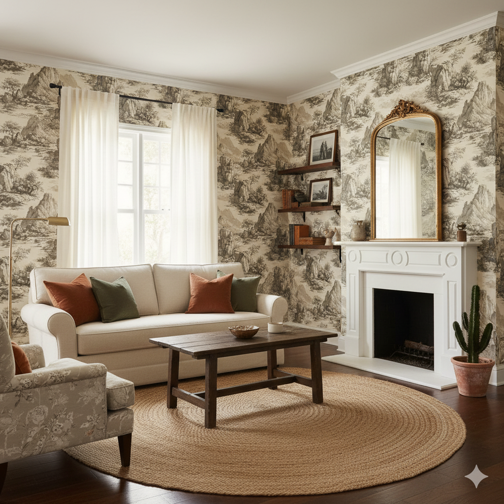 Beige etching wallpaper with a mountain landscape pattern, covering the walls.