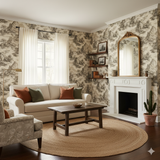 Beige etching wallpaper with a mountain landscape pattern, covering the walls.