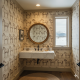 Studbook Wallpaper with horse print pattern, used in a powder room.
