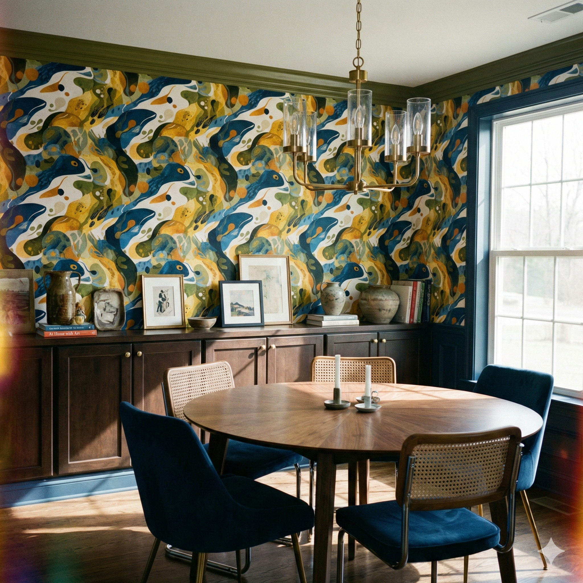 Ochre estuary wallpaper with abstract pattern, no brand attribution, in dining room setting with table and chairs.