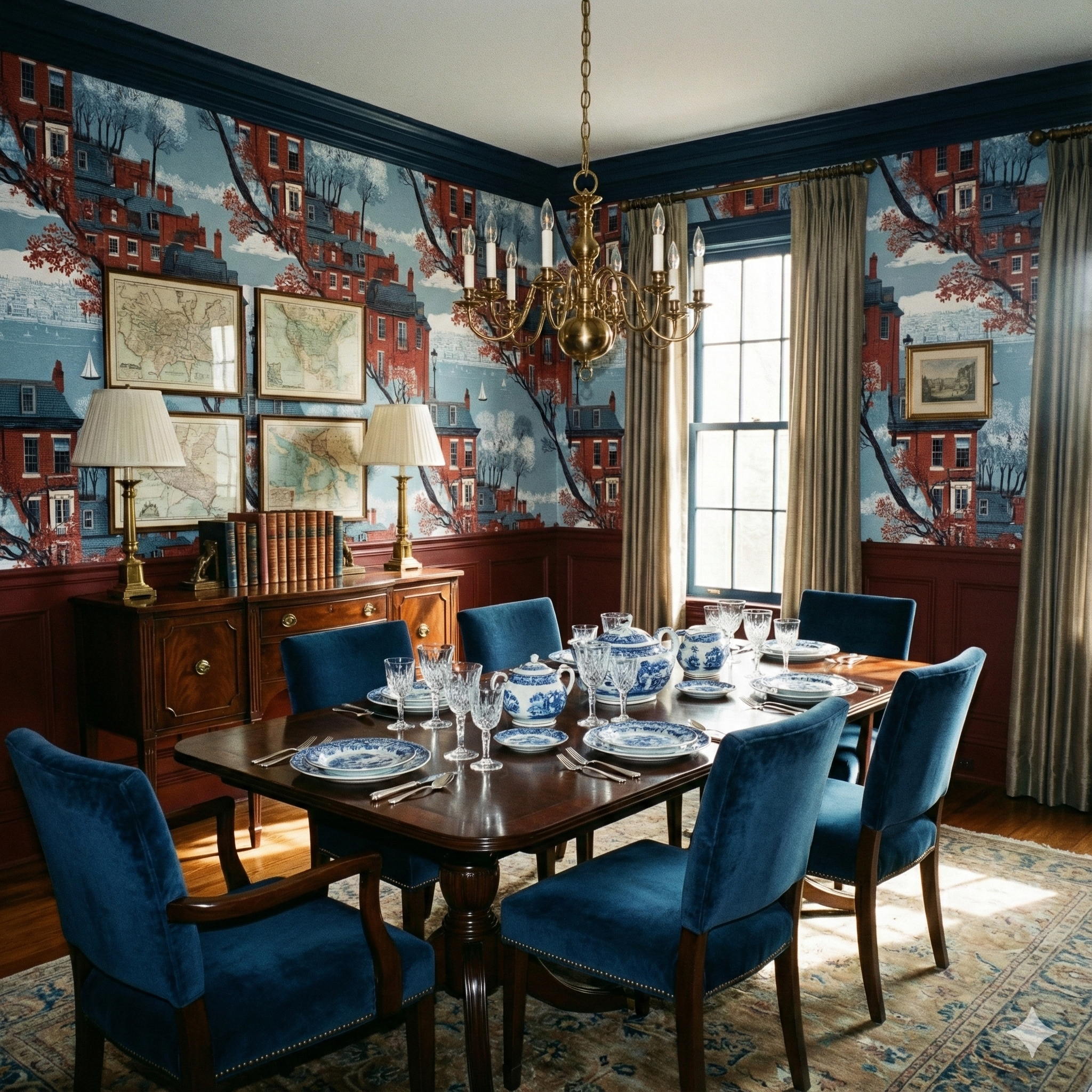 Beaconshore Terrace wallpaper with a scenic building pattern covering the dining room wall.