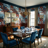 Beaconshore Terrace wallpaper with a scenic building pattern covering the dining room wall.