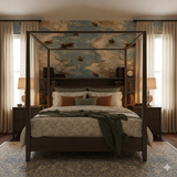 River marbling wallpaper featuring boat motifs.