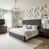 Feather patterned Plume Aureate Wallpaper, with gold and grey plumes, covering an entire bedroom wall.